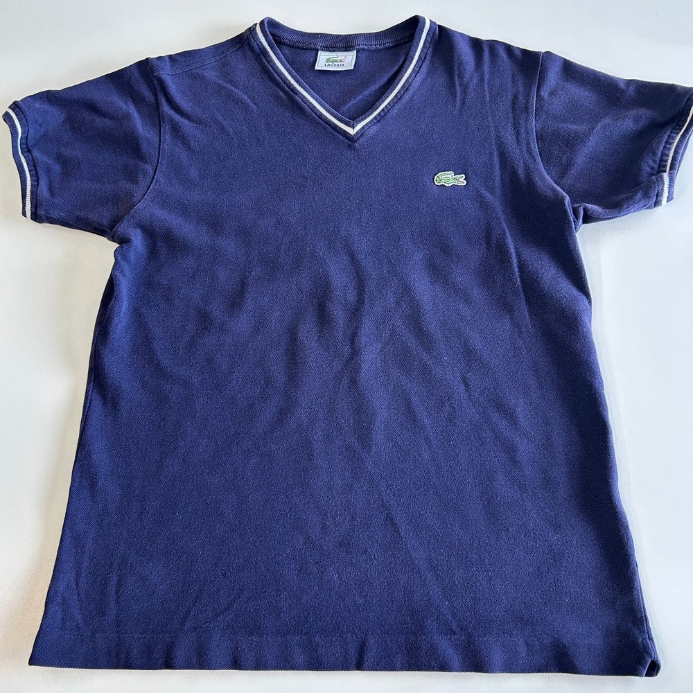 Lacoste Navy Blue Pique V-Neck T-Shirt Contrast Trim Size 3